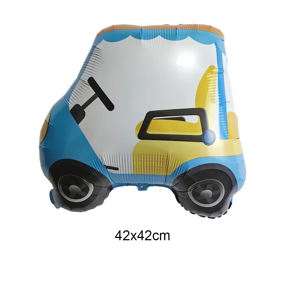 A yellow construction truck foil balloon decorated with black details and wheels.