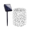 A solar-powered waterproof fairy string light is shown next to its solar panel.