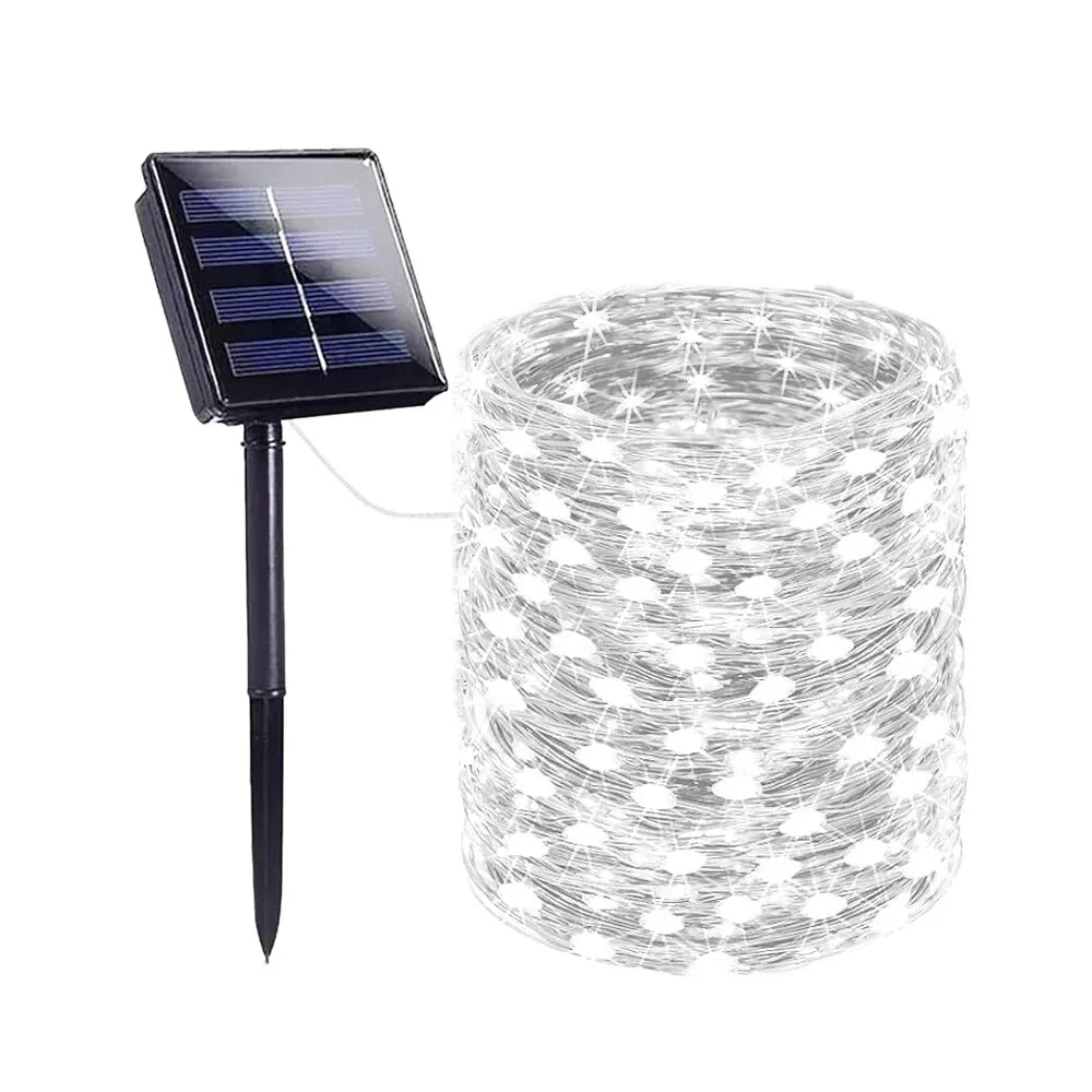 A solar-powered waterproof fairy string light is shown next to its solar panel.