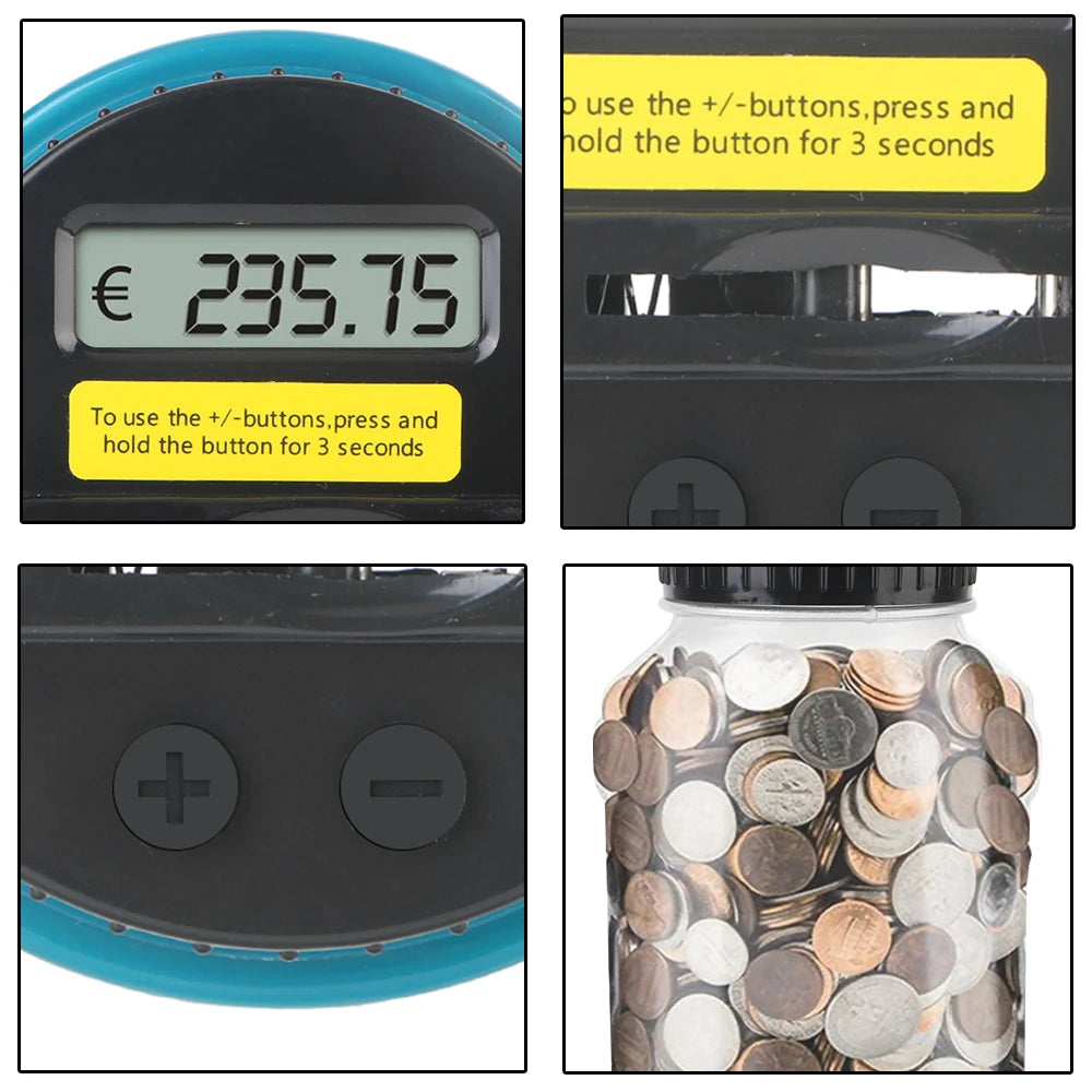 A digital coin saving jar showing a balance of 235.75 euros and instructions for using the plus/minus buttons.