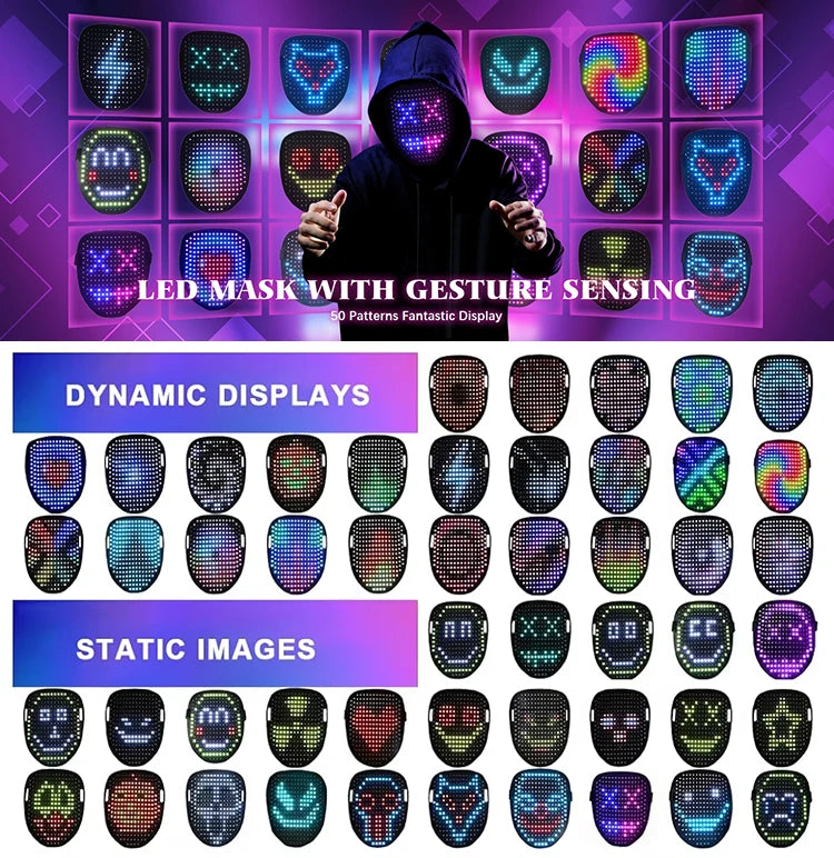 A person wearing a black hooded costume with an LED mask that uses gesture sensing technology.