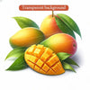 A cluster of yellow and orange mangoes with green leaves on a white background.