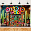 A vibrant photo backdrop featuring a Mexican fiesta theme with colorful flowers, cacti, and decorative elements.