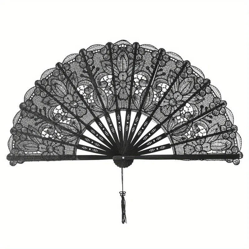 Black intricate hollowout lace handheld fan with a radiating design