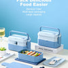A blue bamboo fiber multi-layer bento lunch box with a lid and accompanying utensils is displayed on a white surface.