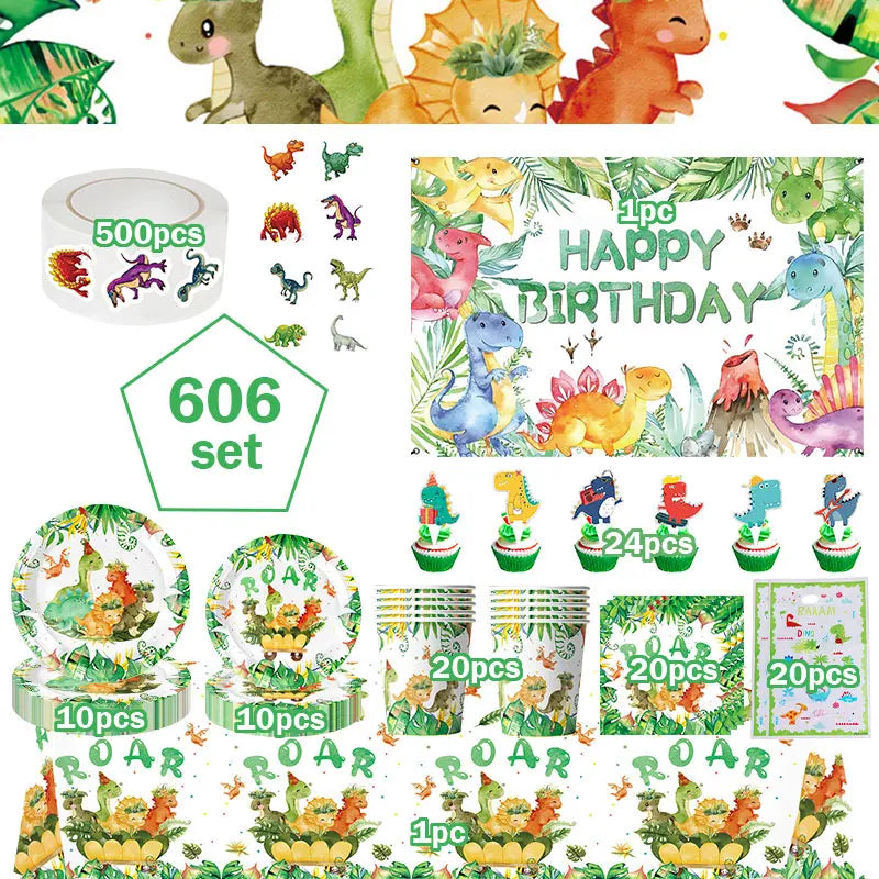 A collection of dinosaur birthday party supplies including balloons, banners, and cake toppers.