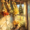A still life painting featuring dried plants and foliage hanging from a wooden beam near a window.