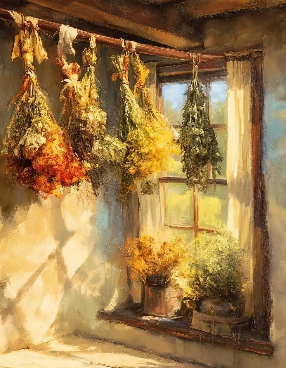A still life painting featuring dried plants and foliage hanging from a wooden beam near a window.