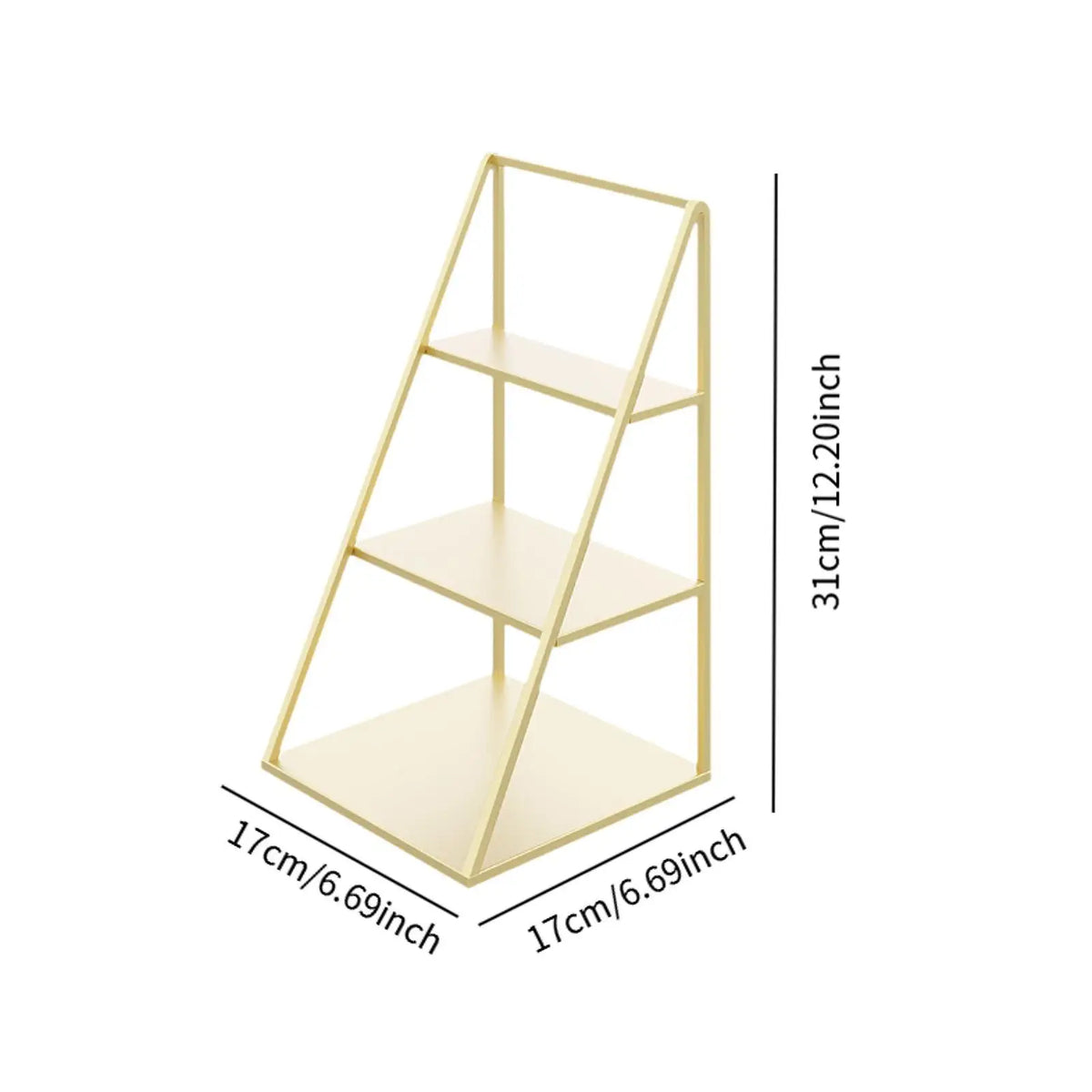 A gold-colored, three-tier iron display rack with a square base and rectangular shelves.