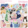A collection of 50 watercolor stickers featuring various designs for diaries and DIY projects.