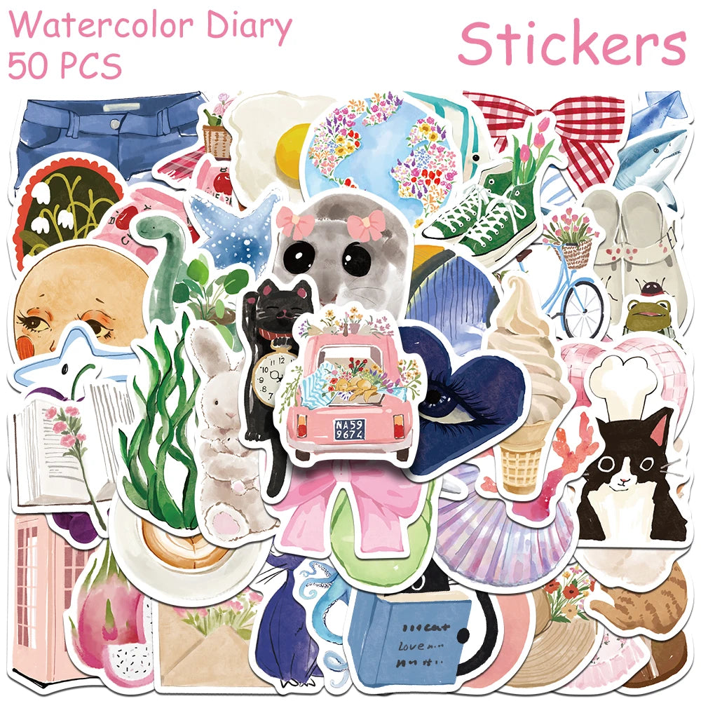 A collection of 50 watercolor stickers featuring various designs for diaries and DIY projects.