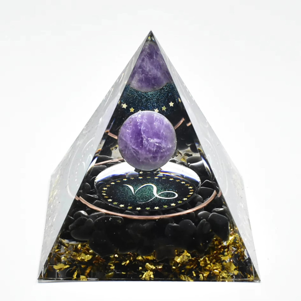 Handmade resin orgonite pyramid featuring natural obsidian and a copper coil.