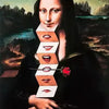 A painting of a woman with a dark hood and face, featuring an artistic representation of the Mona Lisa's mouth.