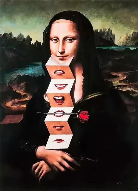 A painting of a woman with a dark hood and face, featuring an artistic representation of the Mona Lisa's mouth.
