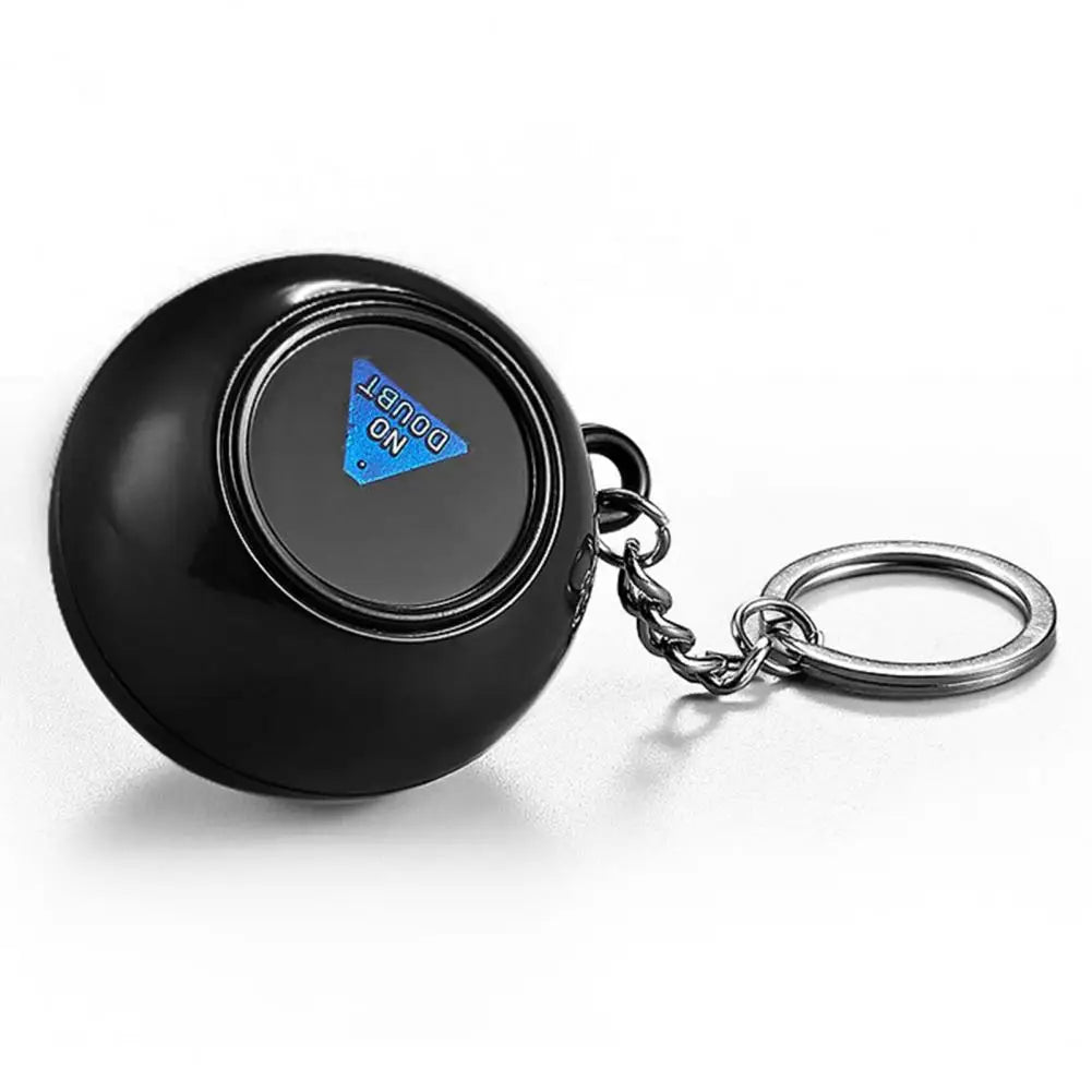 Black magic 8 ball keychain with a silver chain and a blue triangle marked NO