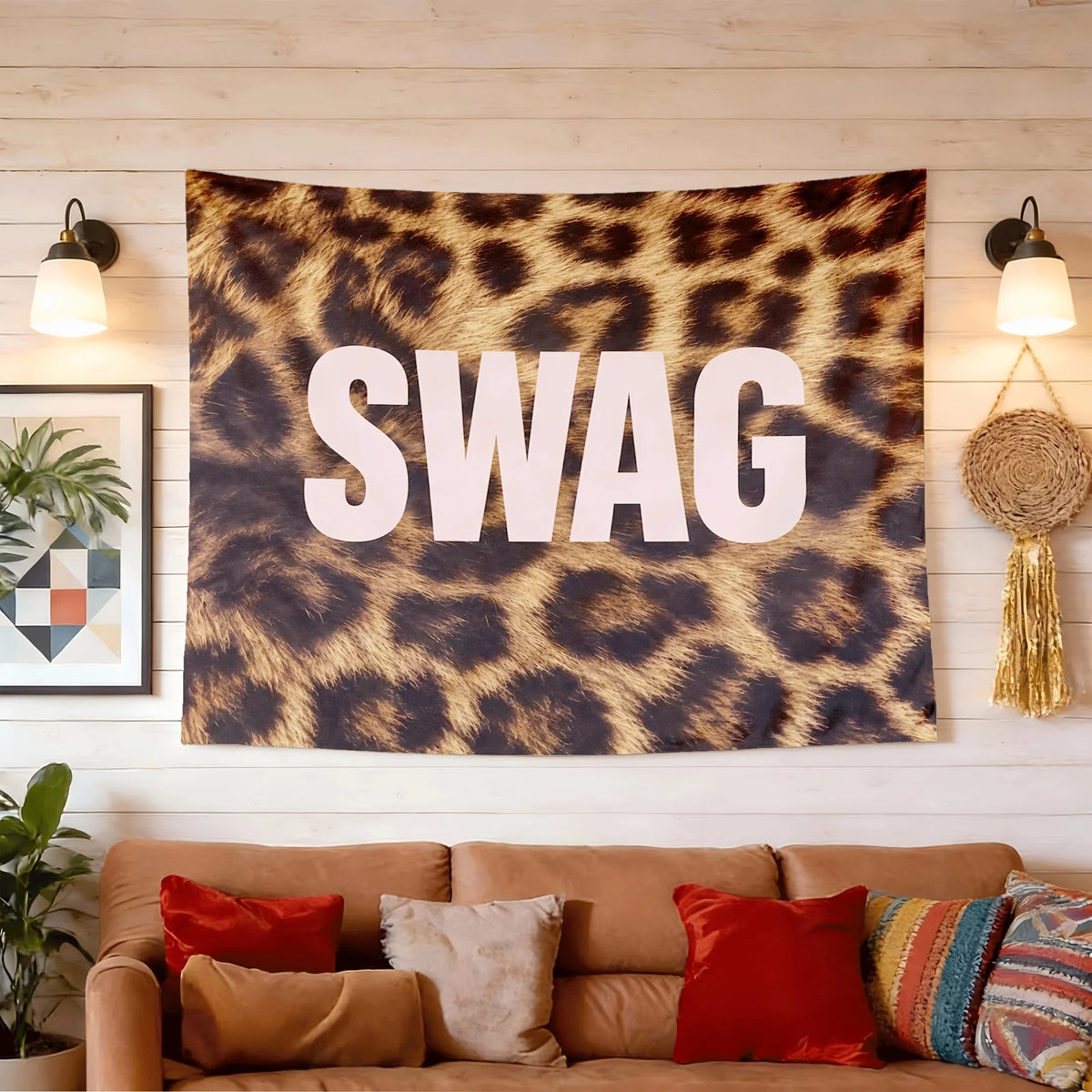 A dark brown leopard print tapestry wall hanging featuring the word SWAG in large white letters.