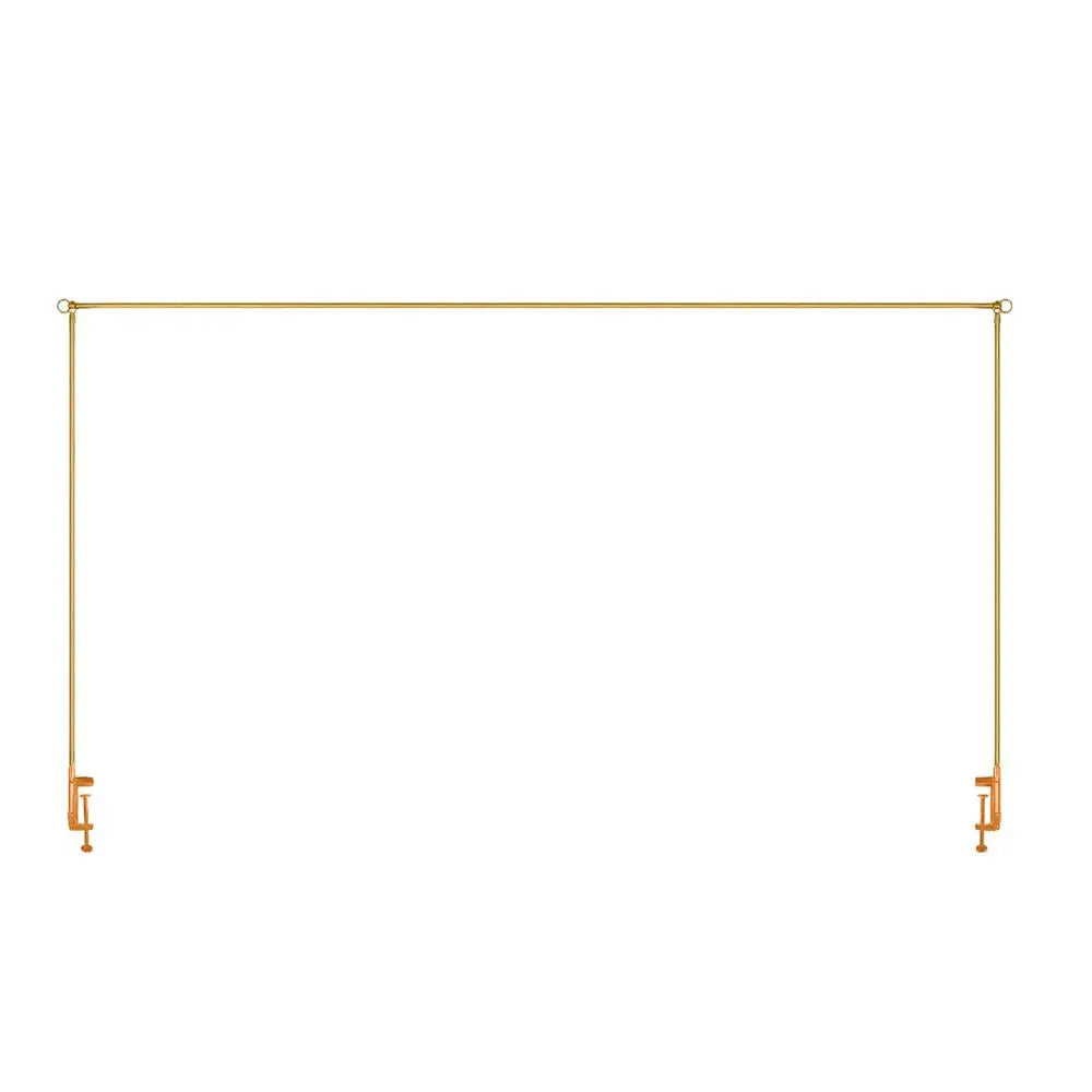 A horizontal gold-colored balloon arch stand with clamps for parties and events.