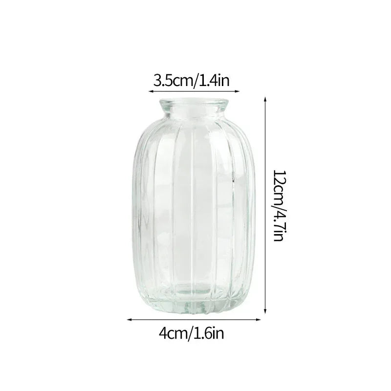A clear glass vase with vertical ridges, measuring 3.5cm wide and 12cm tall.