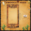 A vintage-style product size card featuring a wanted poster design and illustrations of cacti.