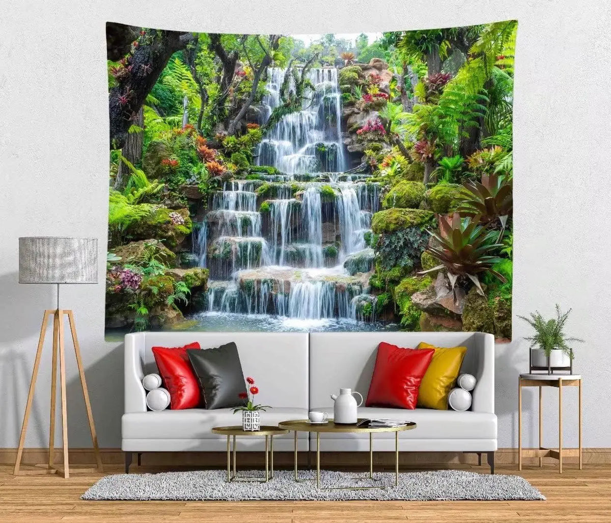 A panoramic tapestry featuring a lush green waterfall and rainforest scenery mounted on a wall.