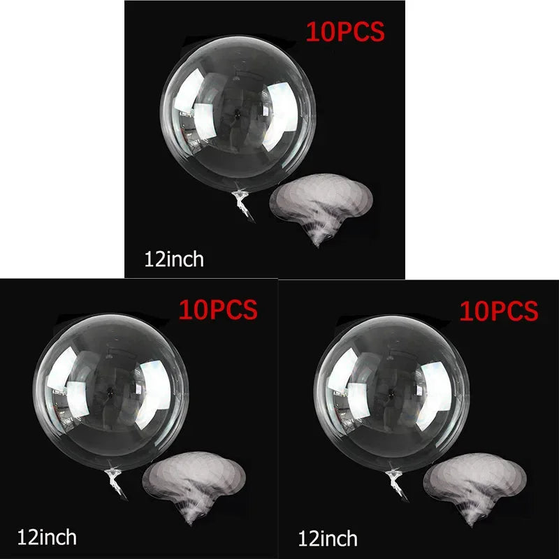 A set of 10 clear bubble balloons, each with a white, fluffy interior, shown in two different angles.