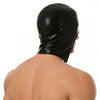 A black faux leather hood mask is shown against a light skin tone background.