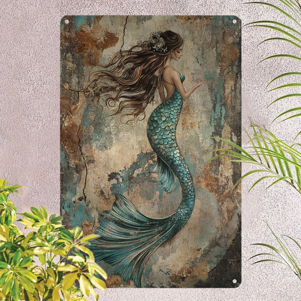 Vintage mermaid metal wall art sign featuring a detailed teal and green mermaid tail against a distressed background.