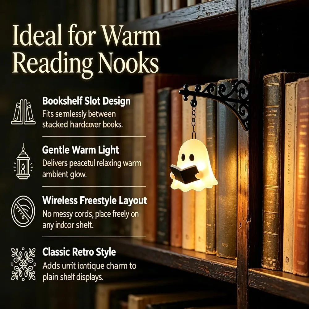 Vintage gothic bookshelf reading lamp with a white light illuminating stacked books.