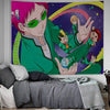 Anime tapestry wall hanging featuring the character Saiki Kusuo in a vibrant green jacket and pink hair