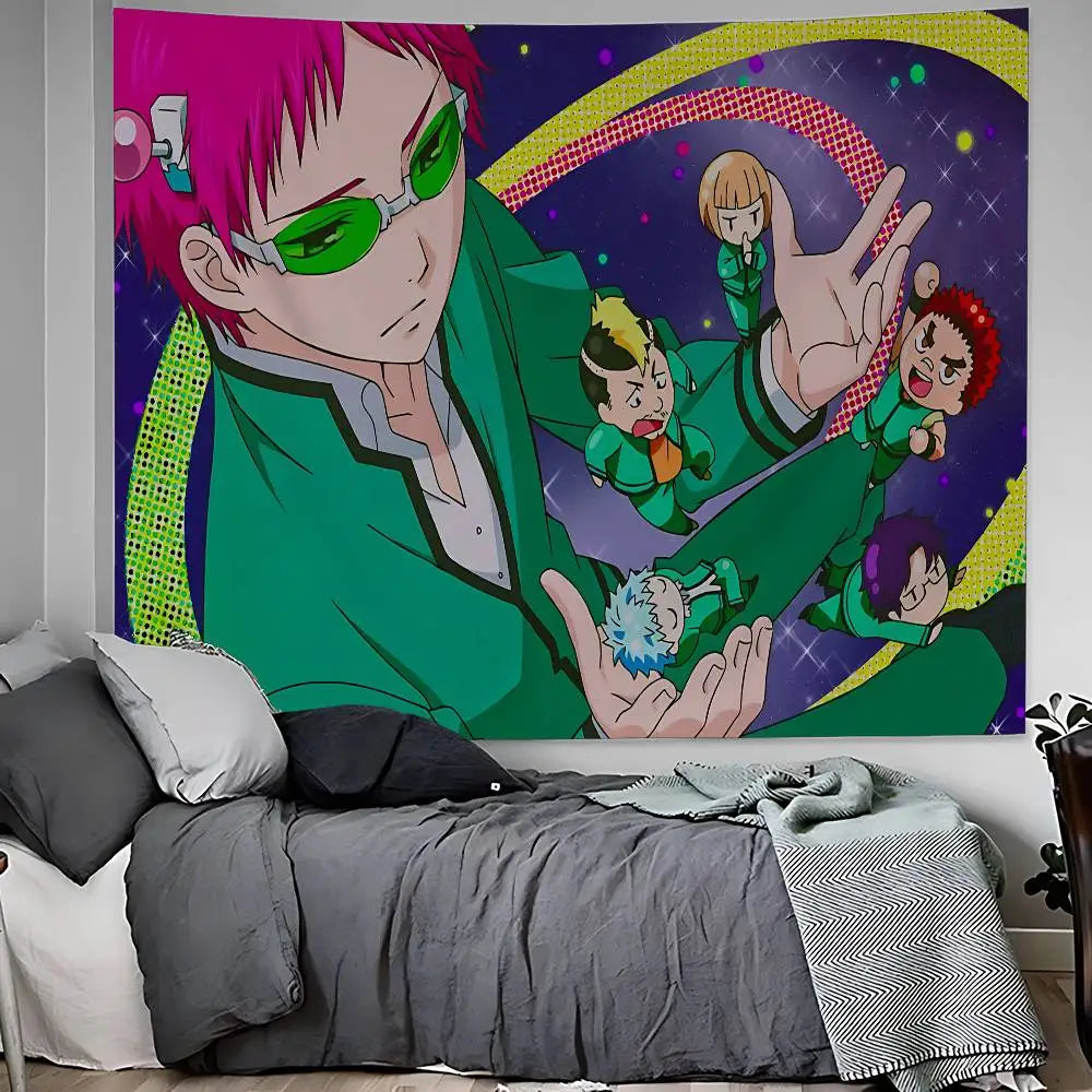 Anime tapestry wall hanging featuring the character Saiki Kusuo in a vibrant green jacket and pink hair