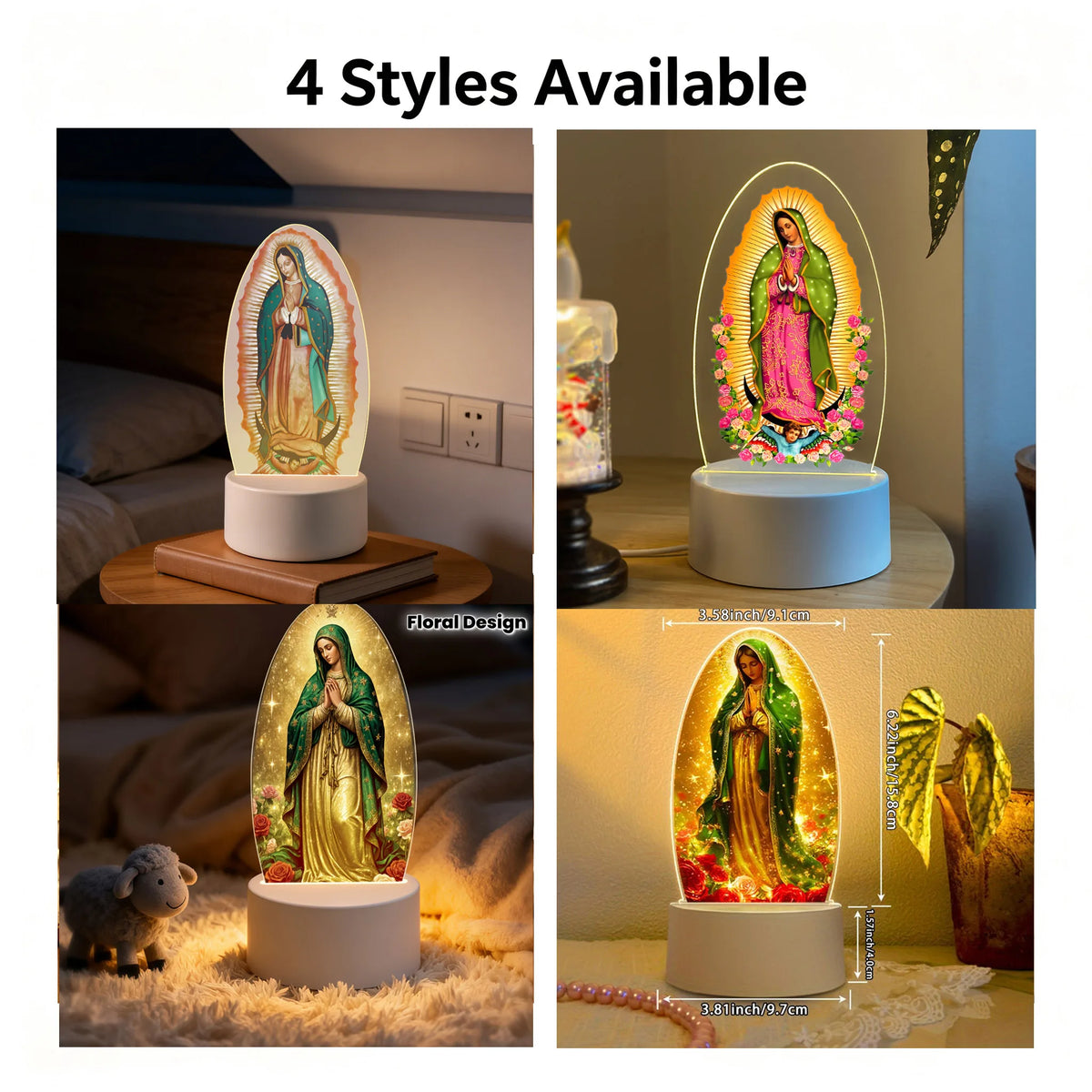 Four styles of Our Lady of Guadalupe acrylic LED night lights displayed in various settings.