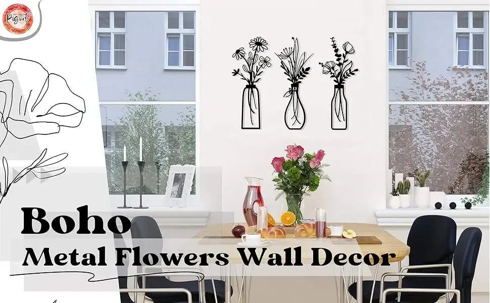 A set of three dried floral arrangements in glass vases displayed as wall decor above a wooden table.
