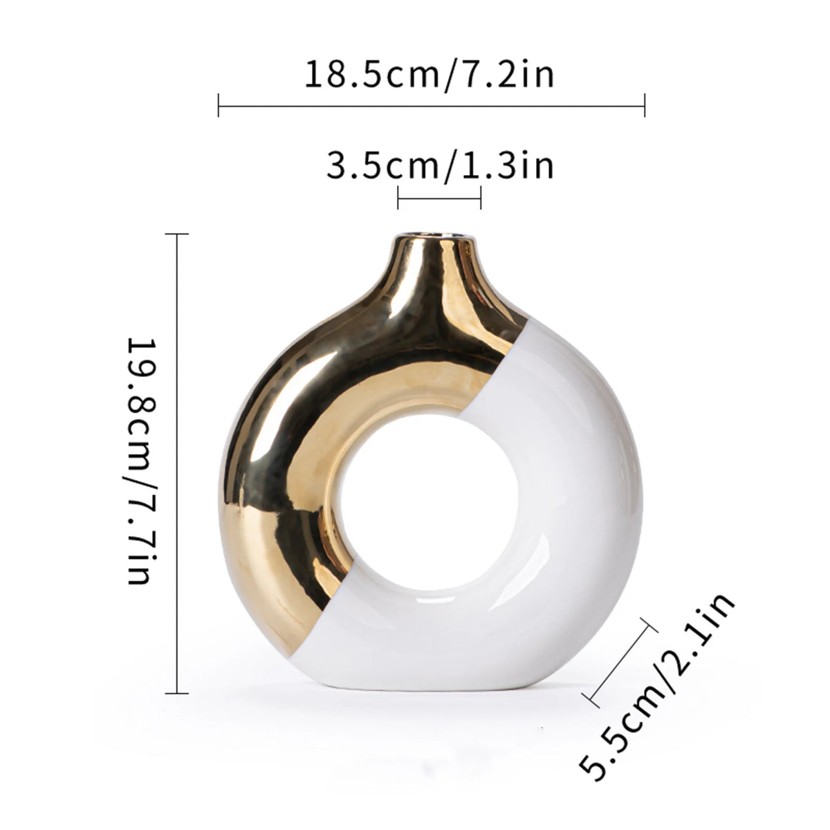 A white and gold ceramic flower vase with a rounded, organic shape.
