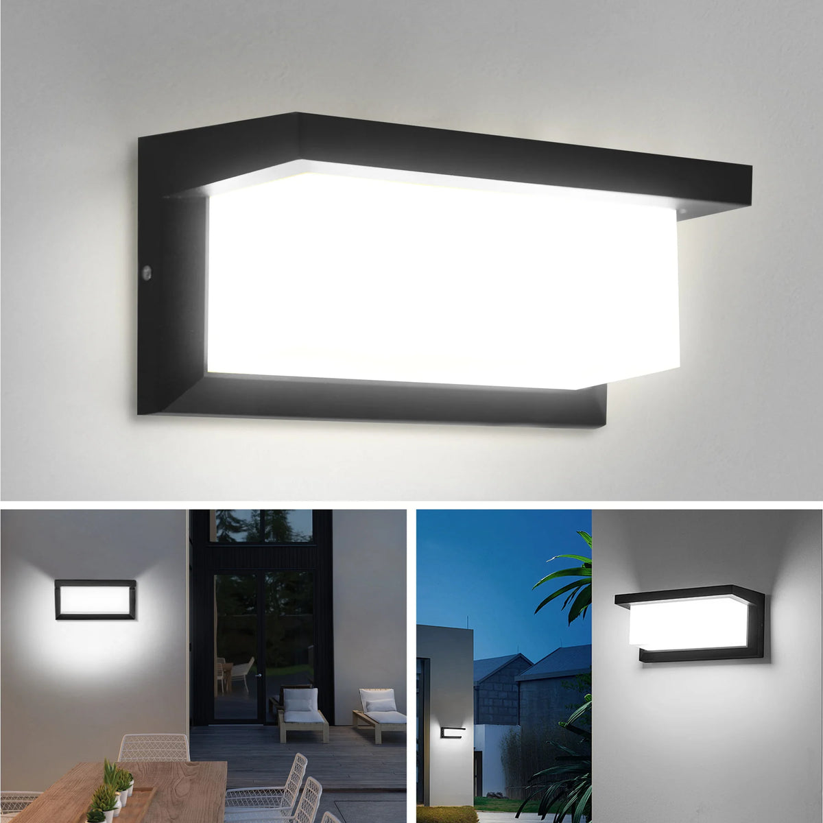 A black rectangular wall sconce with a bright white light illuminates a wall.
