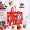 Red festive Christmas tote bags featuring reindeer, Santa, and holiday designs with gifts.