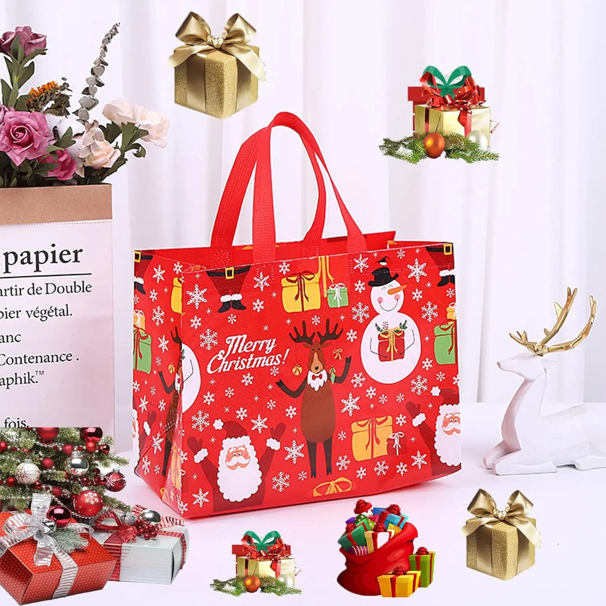Red festive Christmas tote bags featuring reindeer, Santa, and holiday designs with gifts.