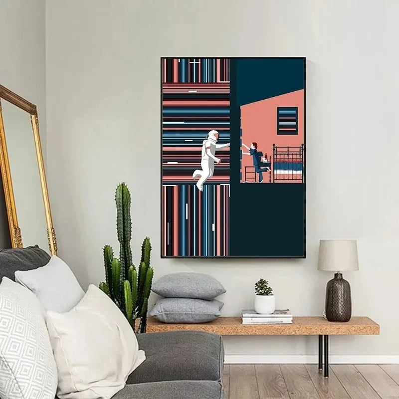 Abstract space canvas art poster featuring vertical stripes of blue, red, and black on a dark teal background