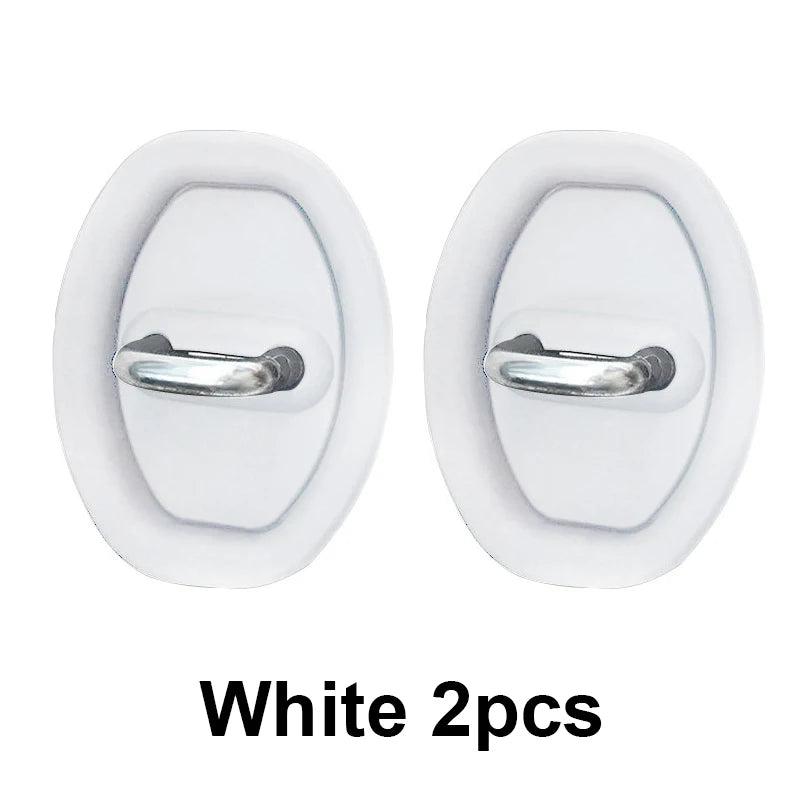 Two white silicone car door lock protectors with metal grips