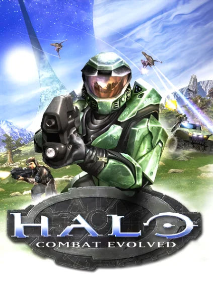 Halo Combat Evolved artwork featuring a Spartan soldier in green armor firing a weapon against a bright sky backdrop.