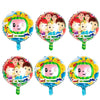 A set of six colorful cartoon watermelon-themed foil balloons featuring characters and fruit designs.