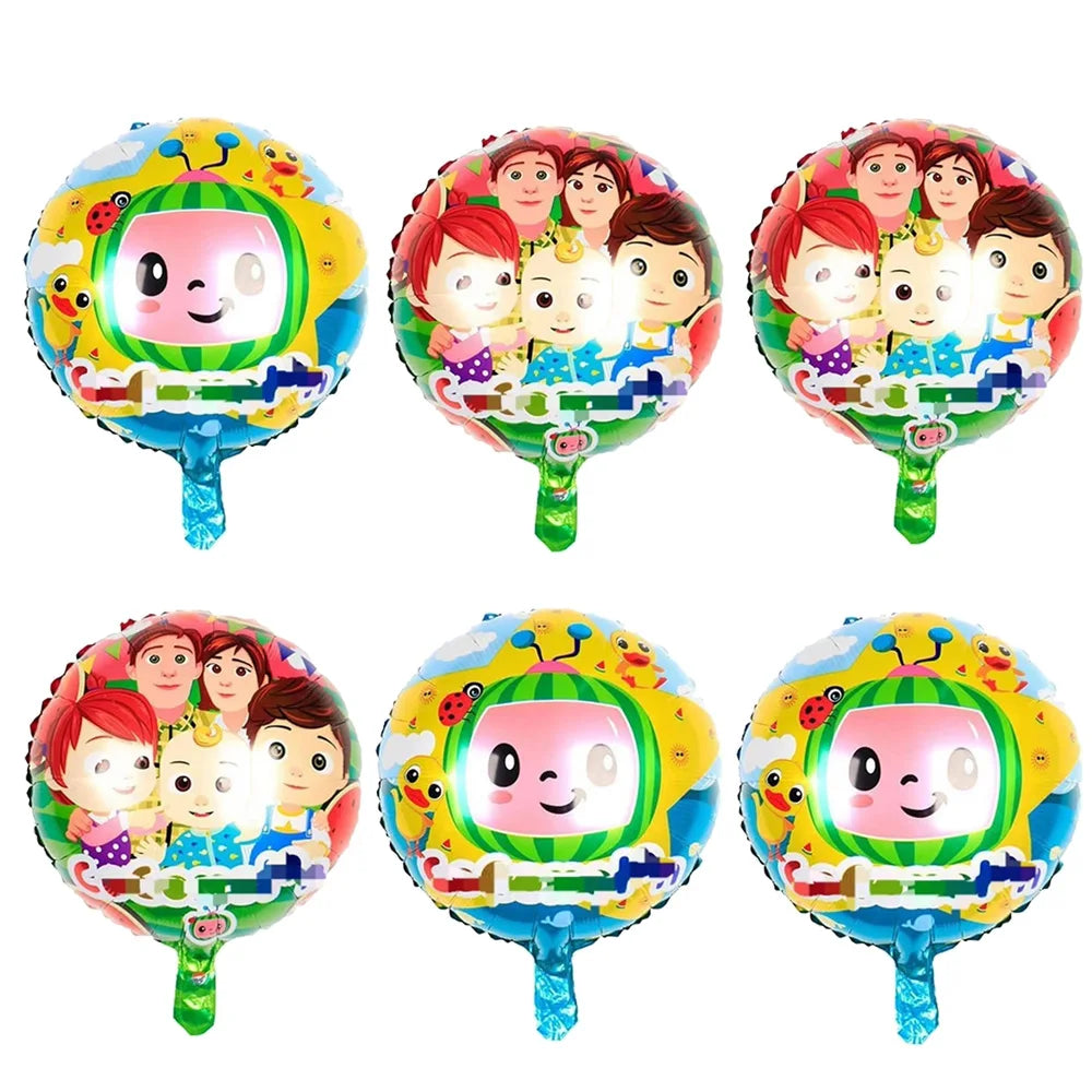 A set of six colorful cartoon watermelon-themed foil balloons featuring characters and fruit designs.