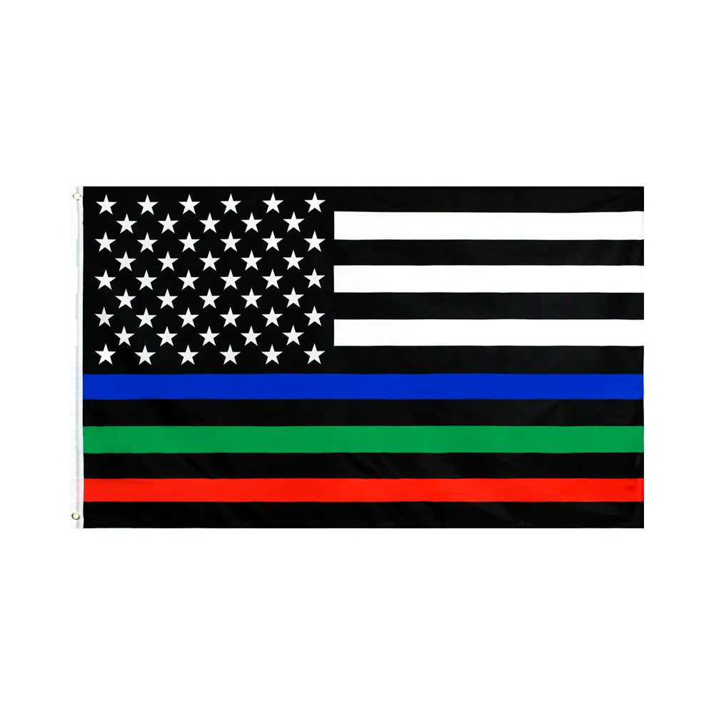 A flag design featuring the American flag stars and stripes combined with horizontal blue and red lines.