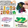 A set of ten colorful cartoon animal fridge magnets and a black magnet with clip attachments.