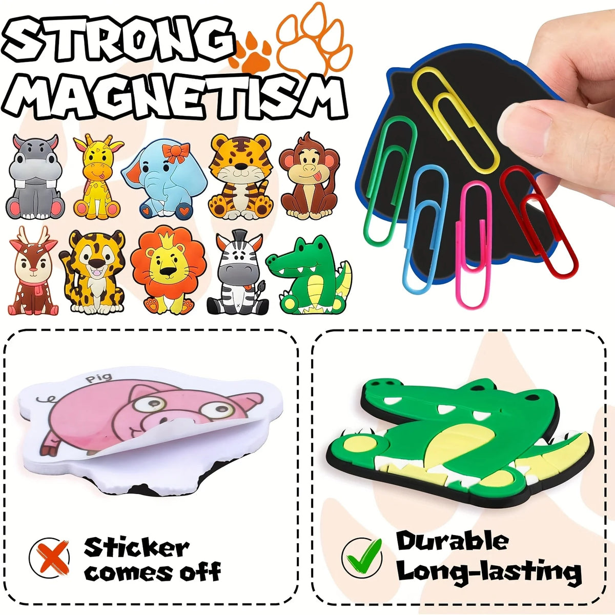 A set of ten colorful cartoon animal fridge magnets and a black magnet with clip attachments.