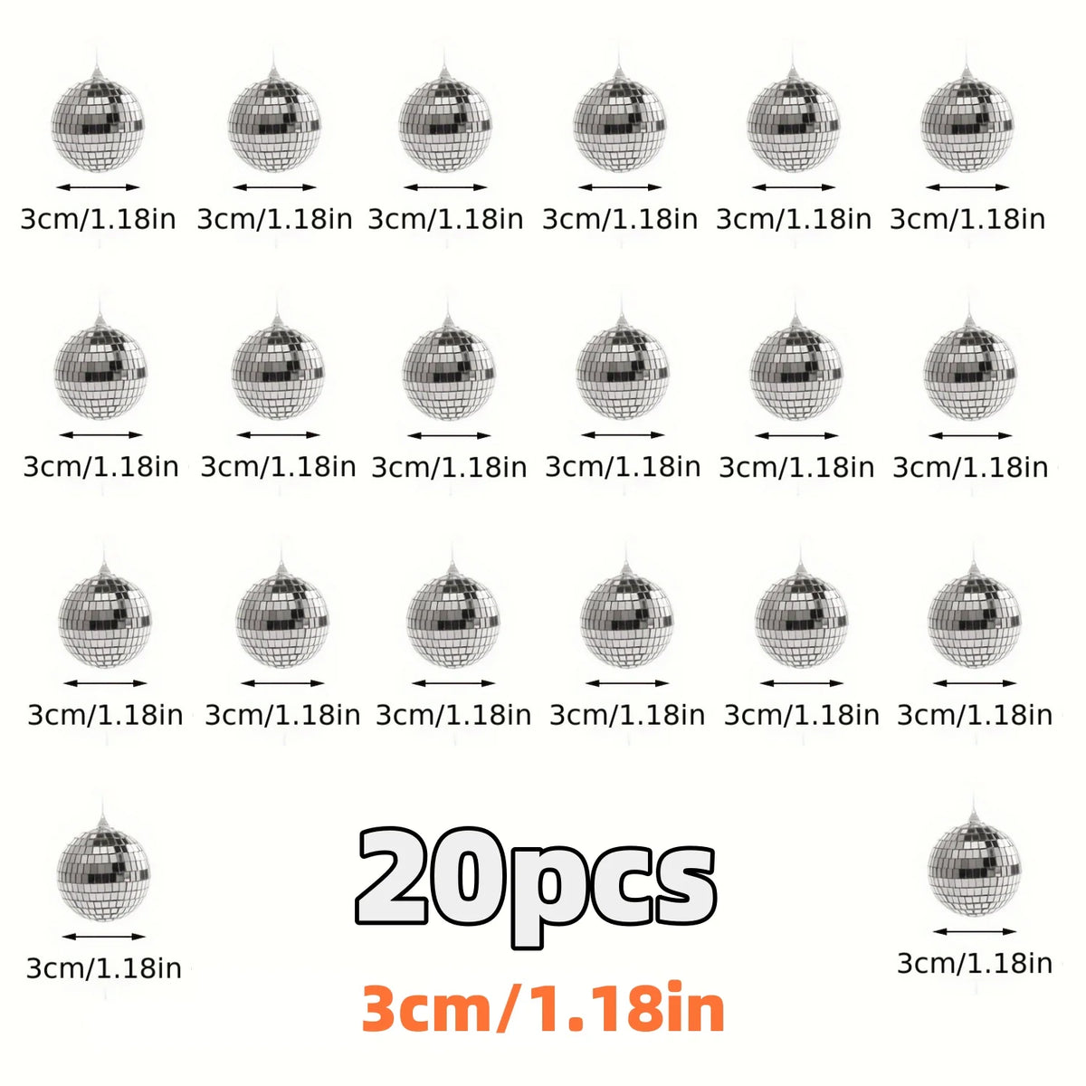 A set of ten silver mini disco ball ornaments shown in various angles and sizes.