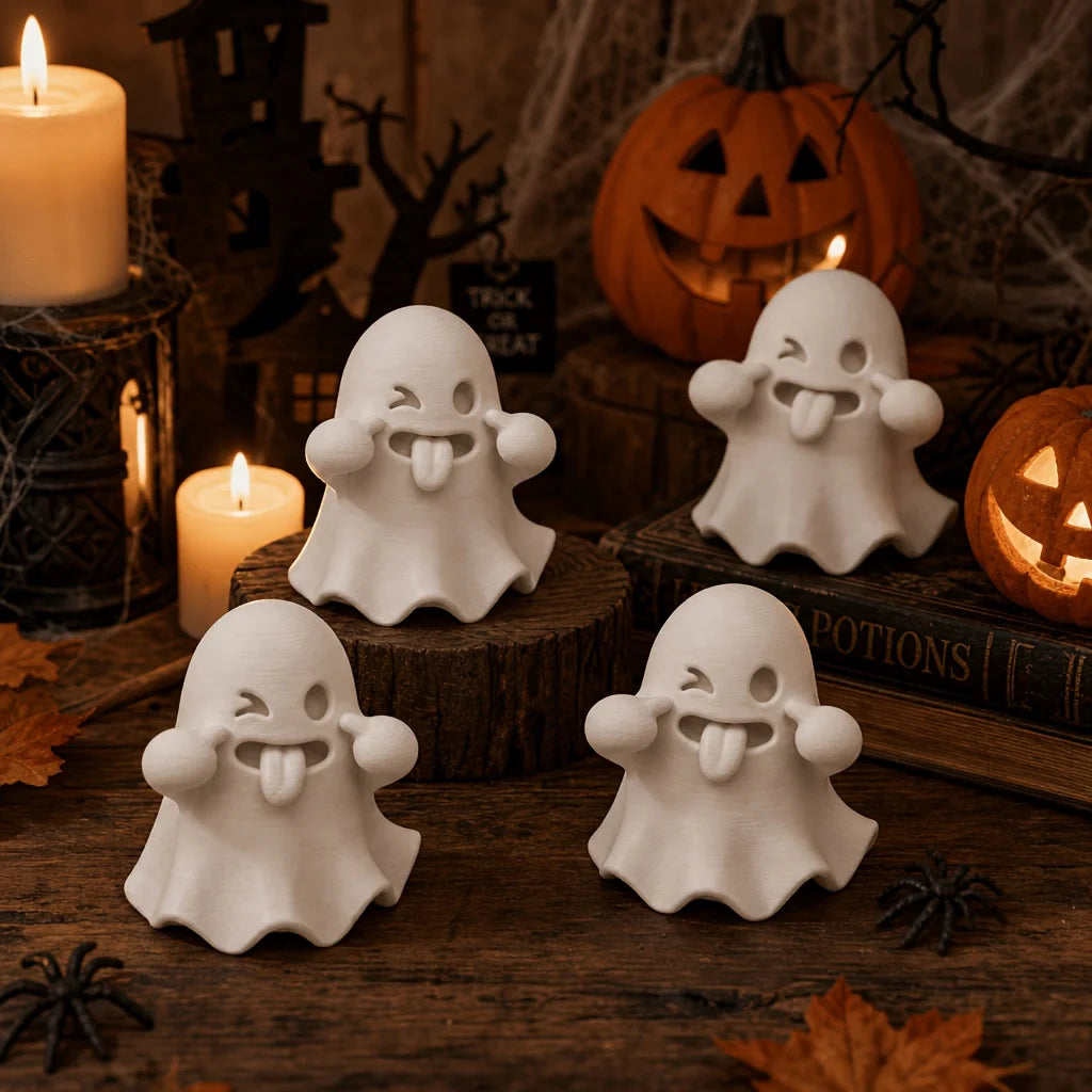A set of two white kawaii ghost statues for whimsical decor placed on a wooden surface with candles and pumpkins.