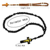 A brown wooden rosary beads necklace with a gold crucifix, measuring 32cm in length and a perimeter of 44cm.