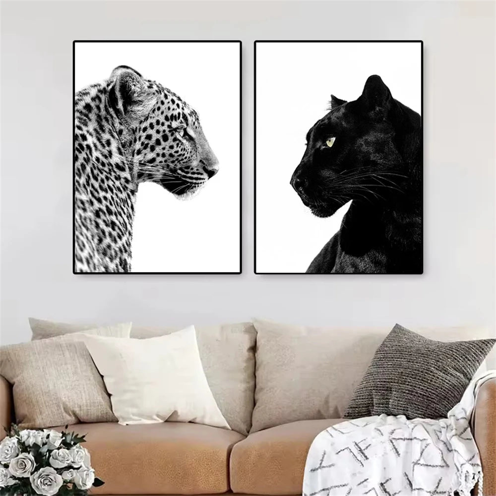 Black and White Leopard and Panther Canvas Wall Art Set