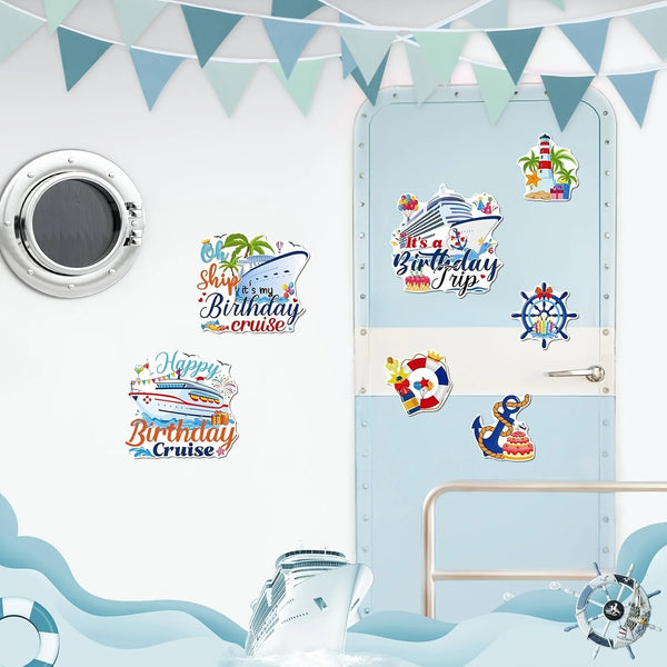 A set of seven birthday cruise door magnets featuring boats and tropical themes for decorating cabins, fridges, and cars.
