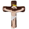 A plush doll depicting Jesus Christ with a beard and crown, dressed in a white loincloth, set against a brown background.